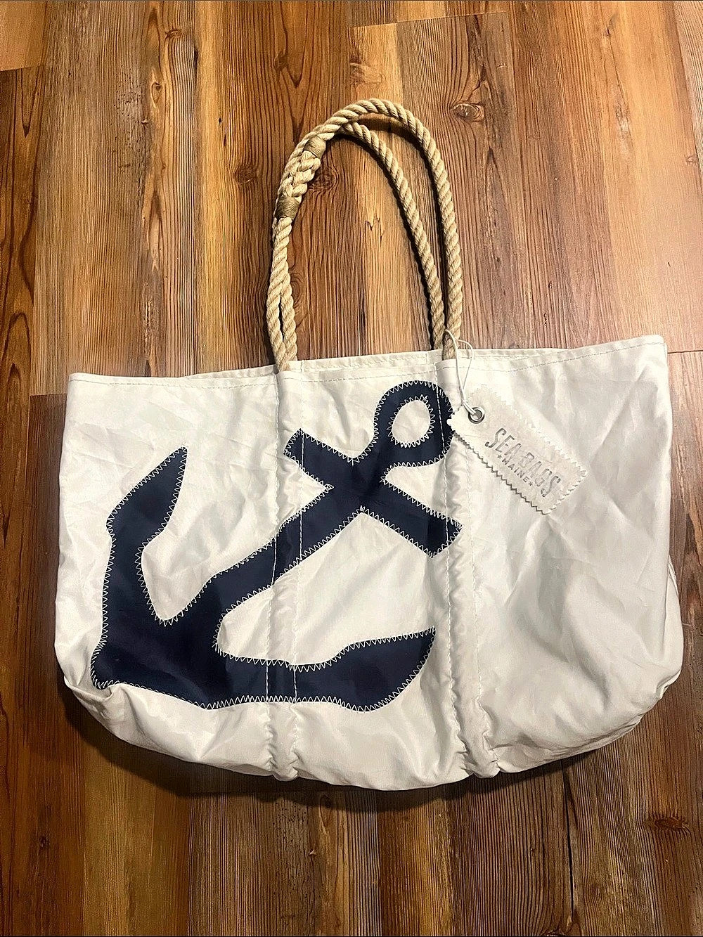 Sea Bags Navy Anchor Large Tote with Hemp Rope White & Blue